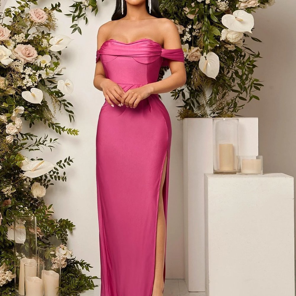 Pink Preppy Womens Off Shoulder Ruched Split Thigh Bridesmaid maxi Dress - Picture 5 of 5